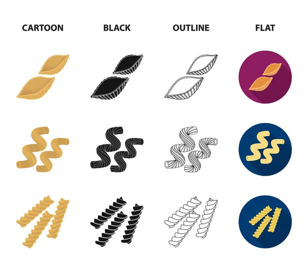 Diferentes tipos de massa. Tipos de massas conjunto coleção ícones em desenhos animados, preto, contorno, estilo plano símbolo vetorial estoque ilustração web . — Vetor de Stock