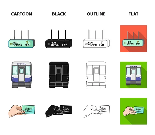 Transporte, público, tren y otro icono web en dibujos animados, negro, contorno, estilo plano.Equipo, atributos, iconos de mecanismo en la colección de conjuntos . — Vector de stock