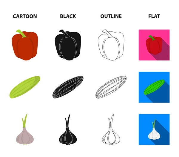 Red sweet pepper, green cucumber, garlic, cabbage. Vegetables set collection icons in cartoon,black,outline,flat style vector symbol stock illustration web. — Stock Vector