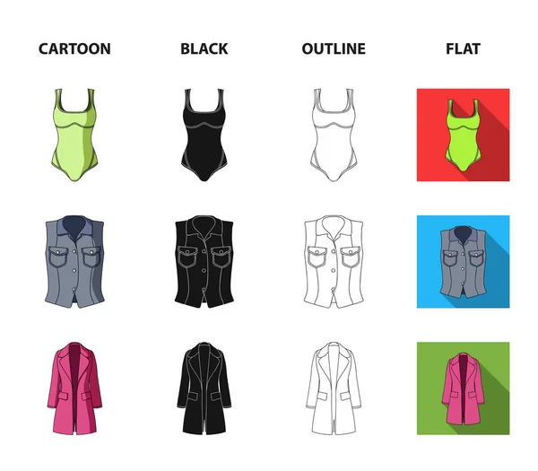 Γυναικεία ρούχα, καρτουν, μαυρες, περίγραμμα, επίπεδη εικονίδια στη συλλογή σετ για σχεδιασμό. Ποικιλίες ρούχα και αξεσουάρ σύμβολο μετοχής web εικονογράφηση διάνυσμα. — Διανυσματικό Αρχείο
