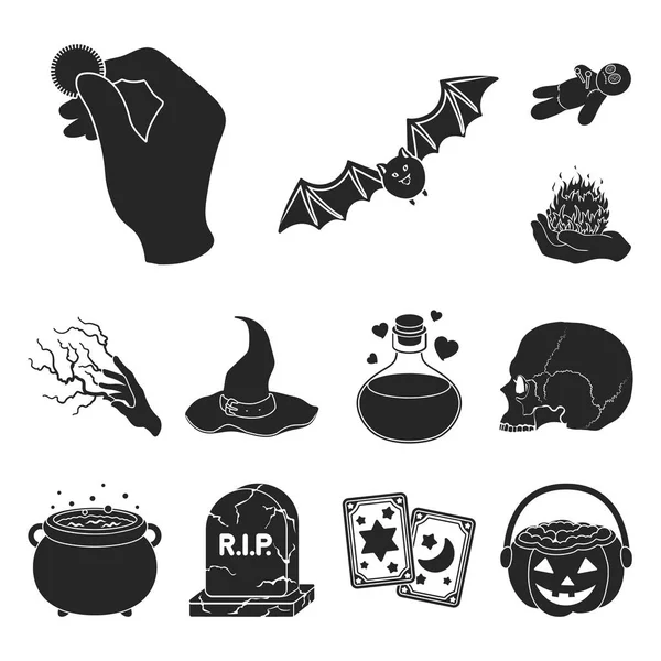 Μαύρο και άσπρο μαύρο μαγικό εικόνες σετ συλλογής για το σχεδιασμό. Χαρακτηριστικά και αξεσουάρ μάγισσας σύμβολο μετοχής web εικονογράφηση διάνυσμα. — Διανυσματικό Αρχείο
