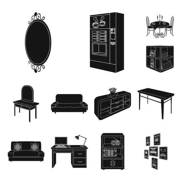 Möbel und Interieur schwarze Ikonen in Set-Kollektion für Design. Wohnungseinrichtung Vektor isometrisches Symbol stock web illustration. — Stockvektor