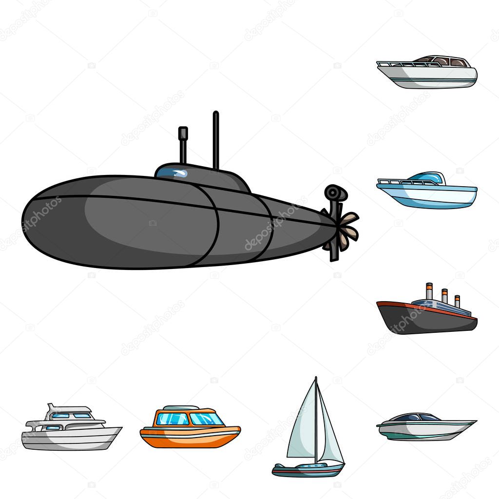 Water and sea transport cartoon icons in set collection for design. A variety of boats and ships vector symbol stock web illustration.