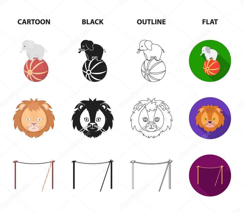 Elephant on the ball, circus lion, crossbeam, balls.Circus set collection icons in cartoon,black,outline,flat style vector symbol stock illustration .