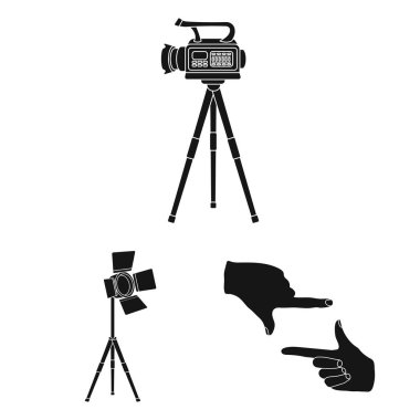 Bir film siyah simgeler set koleksiyonu tasarım için yapma. Öznitelikleri ve ekipman sembol stok web illüstrasyon vektör.