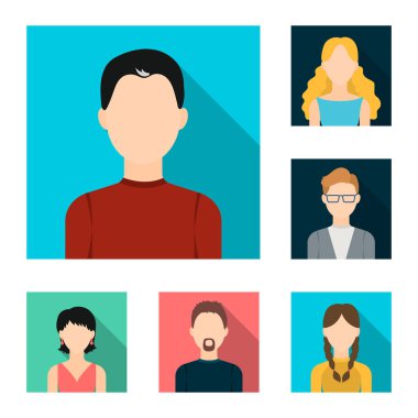 Avatar ve yüz düz simgeler set koleksiyonu tasarım için. Bir kişi görünümü vektör simge stok web çizim.