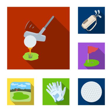 Golf ve öznitelikleri set koleksiyonu tasarım için simgeleri düz. Golf Kulübü ve ekipman sembol stok web illüstrasyon vektör.