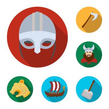 Düz set koleksiyonu tasarım için simgeleri Vikingler ve öznitelikleri. Eski İskandinav savaşçı vektör simge stok web çizimi.