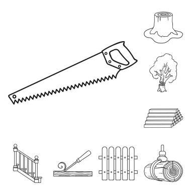 Kereste ve ahşap anahat simgeleri set koleksiyonu tasarım için. Donanım ve araçlar sembol stok web illüstrasyon vektör.