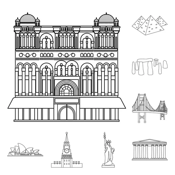 Lugares de interés de diferentes países esbozan iconos en la colección de conjuntos para el diseño. Famoso edificio vector símbolo stock web ilustración . — Vector de stock