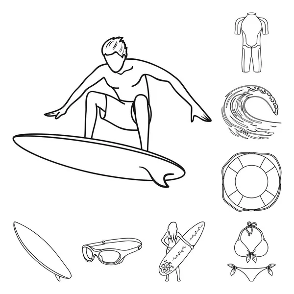 Iconos de surf y esquemas extremos en la colección de conjuntos para el diseño. Surfista y accesorios vector símbolo stock web ilustración . — Archivo Imágenes Vectoriales