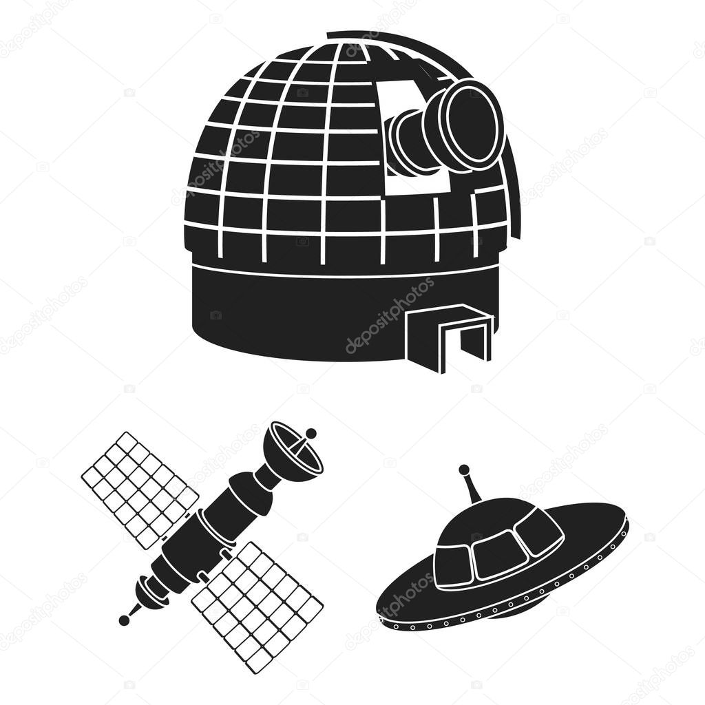 Space technology black icons in set collection for design.Spacecraft and equipment vector symbol stock web illustration.