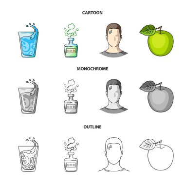Bir bardak su, bir şişe alkol, terleme bir adam, bir elma. Diabeth koleksiyonu Icons set çizgi film, anahat, tek renkli stil vektör simge stok çizim web.