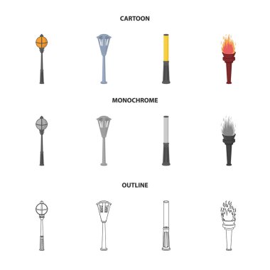 Retro tarzı, modern fener, meşale ve diğer tip-in sokak sokak lâmbası direği. Elektrik direği koleksiyonu Icons set çizgi film, anahat, tek renkli stil vektör simge stok çizim web.