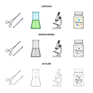 Vitaminler, bir şişesi bir çözüm ve diğer ekipmanlar ile bir banka. Tıp koleksiyonu Icons set çizgi film, anahat, tek renkli stil vektör simge stok çizim web.