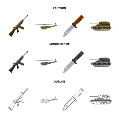 Saldırı tüfeği M16, helikopter, tank, savaş bıçak. Askeri ve ordu koleksiyonu Icons set çizgi film, anahat, tek renkli stil vektör simge stok çizim web.