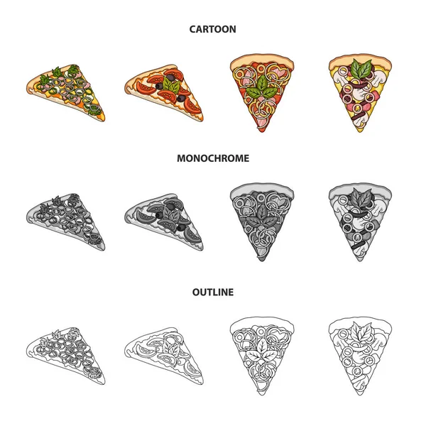 Bir dilim pizza farklı malzemelerle. Farklı pizza koleksiyonu Icons set çizgi film, anahat, tek renkli stil vektör simge stok çizim web. — Stok Vektör