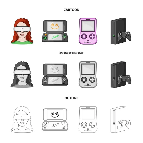 Consola de juegos y dibujos animados de realidad virtual, contorno, iconos monocromáticos en la colección de conjuntos para el diseño.Game Gadgets vector símbolo stock web illustration . — Vector de stock