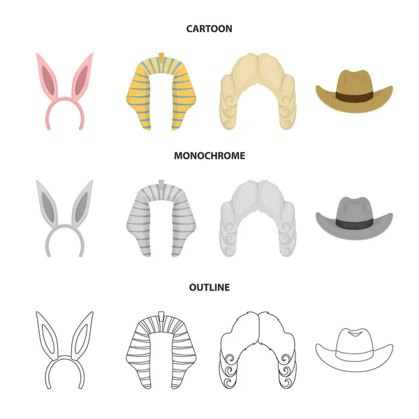 Orejas de conejo, peluca de juez, vaquero. Sombreros conjunto de iconos de colección en dibujos animados, contorno, estilo monocromo vector símbolo stock ilustración web . — Vector de stock