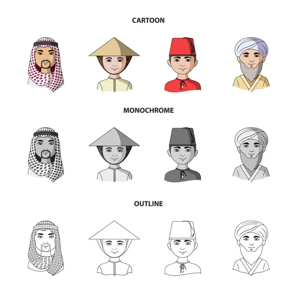 Árabe, turco, vietnamita, asiático médio. Coleção de conjuntos de raças humanas ícones em desenhos animados, esboço, estilo monocromático símbolo vetorial ilustração web . —  Vetores de Stock