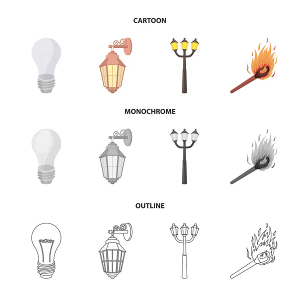 Led 灯, 路灯, 火柴。光源集合图标在卡通, 轮廓, 单色风格矢量符号股票插画网站. — 图库矢量图片