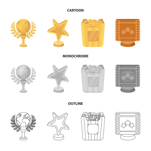 Un premio d'oro sotto forma di una stella, un globo d'oro e altri premi.Movie Awards set icone di raccolta in cartone animato, contorno, stile monocromatico vettore simbolo stock illustrazione web . — Vettoriale Stock