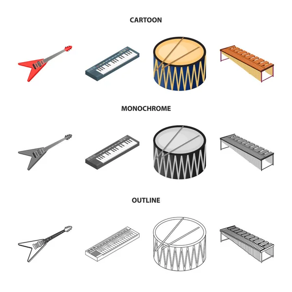 Musikinstrument Cartoon, Umriss, monochrome Symbole in Set Sammlung für Design. Saiten- und Blasinstrument isometrisches Vektor-Symbol Stock Web Illustration. — Stockvektor