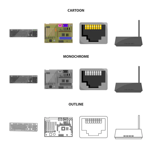 Clavier, routeur, carte mère et connecteur. Ordinateur personnel set collection icônes en dessin animé, contour, monochrome style vectoriel symbole illustration web . — Image vectorielle