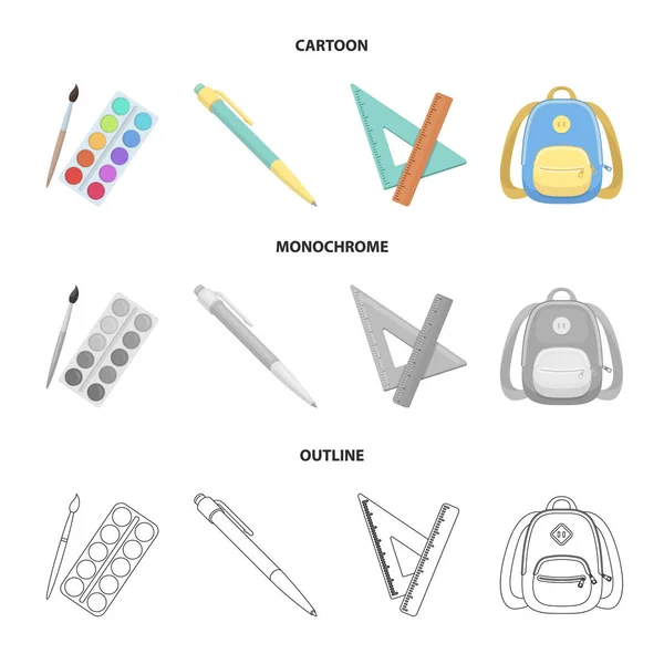 Peintures multicolores avec un pompon, stylo, triangle et règle, cartable, mallette. Ensemble scolaire et éducatif icônes de collection en dessin animé, contour, monochrome style vectoriel symbole illustration web . — Image vectorielle