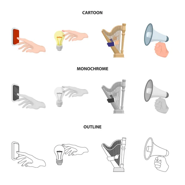 Bouton électrique, lampe à incandescence et autre icône web en dessin animé, contour, style monochrome. jeu de harpe, mégaphone dans les icônes de la main dans la collection ensemble . — Image vectorielle