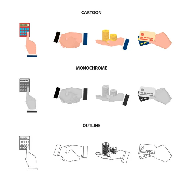 Calculator, handshake and other web icon in cartoon,outline,monochrome style.a stack of coins on the palm, credit cards icons in set collection. — Stock Vector