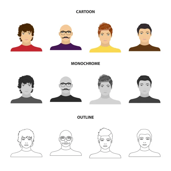 La apariencia del joven, la cara de un hombre calvo con bigote en las gafas. Iconos de colección de conjunto de cara y apariencia en dibujos animados, contorno, ilustración de stock de símbolo de vector de estilo monocromo — Vector de stock