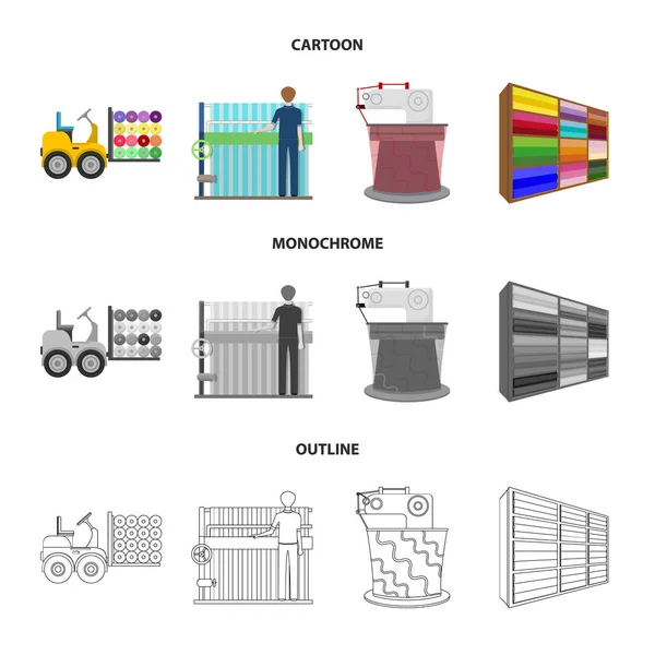 Équipement, machine, chariot élévateur à fourche et autre icône web en dessin animé, contour, style monochrome.Textiles, industrie, tissus, icônes dans la collection set . — Image vectorielle