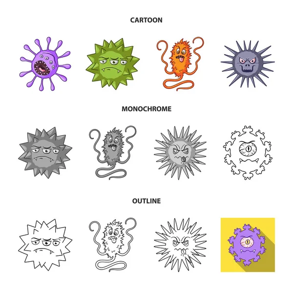 Olika typer av mikrober och virus. Virus och bakterier som samling ikoner i tecknad, skissera, svartvit stil vektor symbol stock illustration web. — Stock vektor