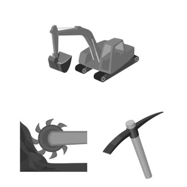 Set koleksiyonu tasarım için sanayi tek renkli simgeler madencilik. Cihazlar ve sembol stok web illüstrasyon vektör.