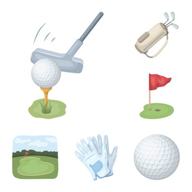 Golf ve öznitelikleri set koleksiyonu tasarım için simgeleri karikatür. Golf Kulübü ve ekipman sembol stok web illüstrasyon vektör.
