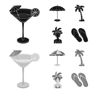 Brezilya, ülke, şemsiye, plaj. Brezilya ülke toplama simgeler siyah, tek renkli stil vektör simge stok çizim web içinde ayarla..