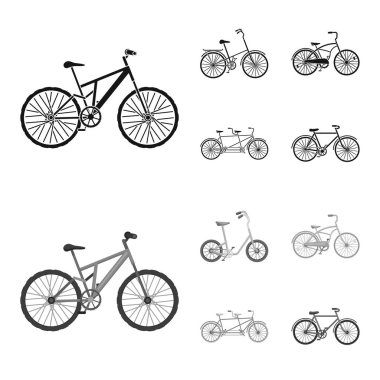 Çocuk bisiklet, Çift Kişilik bir tandem ve diğer türleri. Farklı Bisiklet toplama simgeler siyah, tek renkli stil vektör simge stok çizim web içinde ayarla..