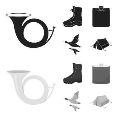 Uçan ördek, şişesi, çizmeler, çadır... Avcılık toplama simgeler siyah, tek renkli stil vektör simge stok çizim web içinde ayarla..