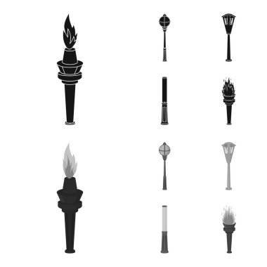 Retro tarzı, modern fener, meşale ve diğer tip-in sokak sokak lâmbası direği. Elektrik direği toplama simgeler siyah, tek renkli stil vektör simge stok çizim web içinde ayarla..