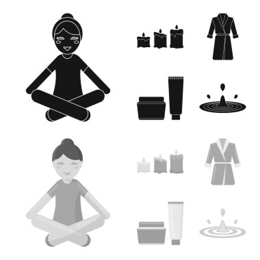Çok renkli mumlar yanan sarı kuşak ve bir yaka, krema ile bir tüp ve bir kavanoz bir merhem, bir damla su ile pembe bir elbise. Spa toplama simgeler siyah, tek renkli stil vektör ayarla.