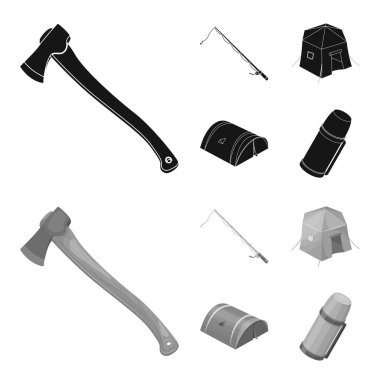 Balık tutma, çadır, termos için iplik. Çadır toplama simgeler siyah, tek renkli stil vektör simge stok çizim web içinde ayarla..