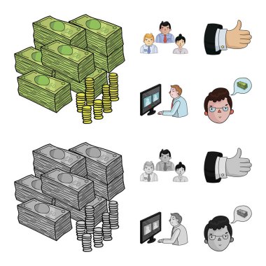Video konferans, iş düşünceler, okay.Bizneskonferentsiya ve müzakerelerin bir rozet çizgi film, tek renkli stil vektör simge stok çizim web simgeler ayarla.