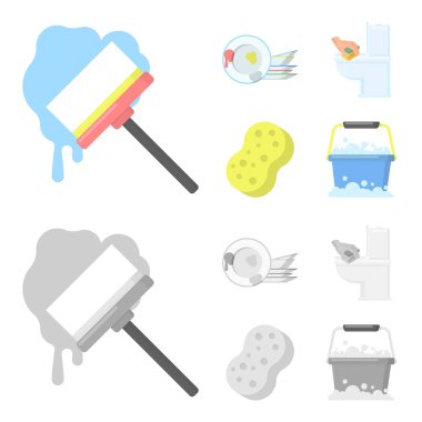 Temizlik ve hizmetçi çizgi film, tek renkli simgeler toplama tasarımı için ayarlayın. Vektör simge stok web illüstrasyon Temizleme için donatım.