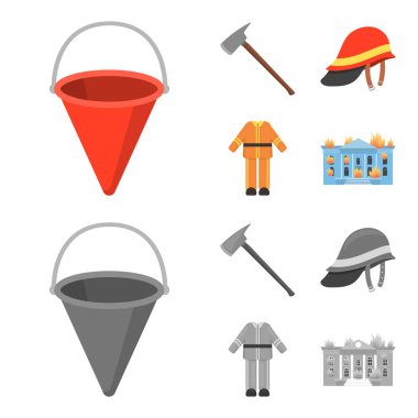 AX, kask, Üniforma, Bina yanıyor. Yangın departmentset çizgi film, tek renkli stil vektör simge stok çizim web simgeler ayarla.