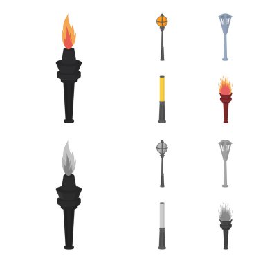 Retro tarzı, modern fener, meşale ve diğer tip-in sokak sokak lâmbası direği. Elektrik direği toplama simgeler çizgi film, tek renkli stil vektör simge stok çizim web ayarla..