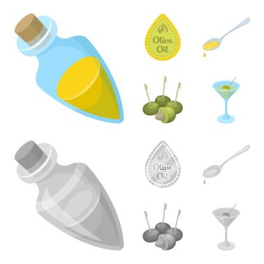 Zeytinyağı, bir damla kaşıkla, zeytin sopa üzerinde bir bardak alkol etiket. Zeytin toplama simgeler çizgi film, tek renkli stil vektör simge stok çizim web ayarla..