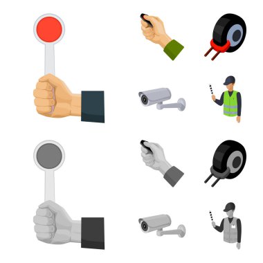 Araba alarmı, jant, güvenlik kamerası, park asistanı. Buraya park edilmez toplama simgeler çizgi film, tek renkli stil vektör simge stok çizim web ayarla..