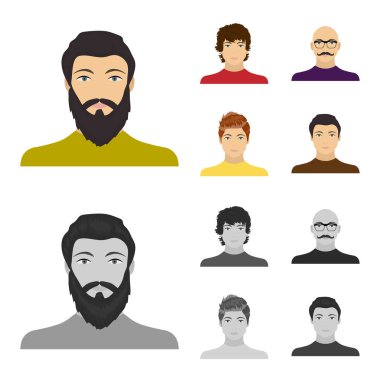 Genç bir adam, onun gözlük Bıyıklı Kel bir adamın yüzünü görünümü. Yüz ve görünüm çizgi film, tek renkli stil vektör simge stok çizim web simgeler ayarla.