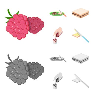 Tatlı krema, bir sandviç ve diğer gıda ile. Yiyecek toplama simgeler çizgi film, tek renkli stil vektör simge stok çizim web ayarla..